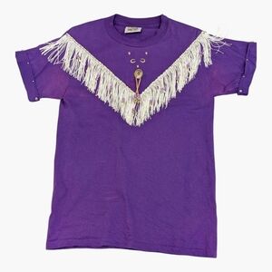 Vintage Hazelwood 80s Western Fringe Shirt Purple Beaded Cowgirl Top M Halloween